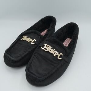 Juicy Couture Intoit Black Faux Fur Lined Moccasin Slippers Gold Logo Womens 8